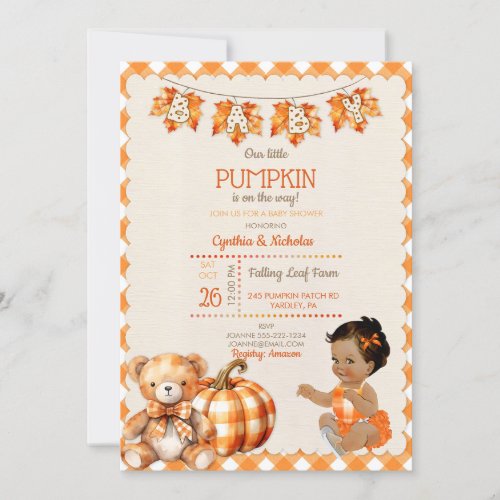 Baby Girl Autumn Plaid Teddy Bear Pumpkin Leaves Invitation
