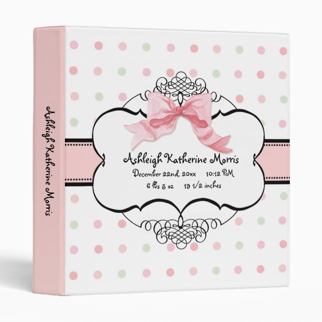 Baby Girl Baby Book Binder - French Bow  Dot Swirl (Front/Spine)