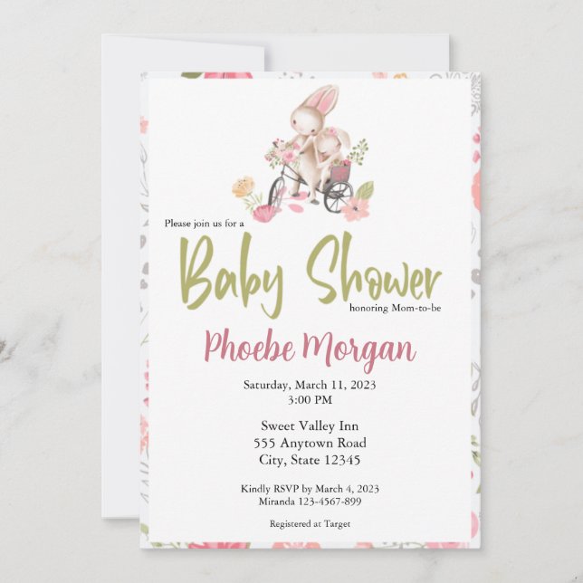 Baby girl baby shower invitation, Bunny Invitation (Front)