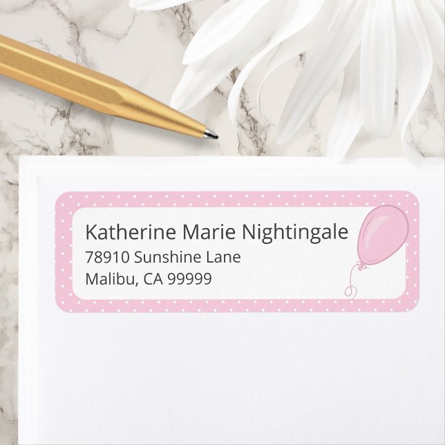Baby Girl Baby Shower Pink Polka Dot Address Label (Pink Polka Dot Baby Girl Baby Shower Return Address Label with Balloon.)