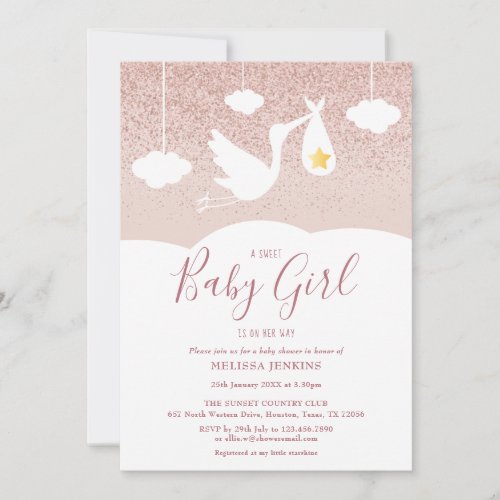 Baby Girl Baby Shower Stork Rose Gold Glitter Invitation