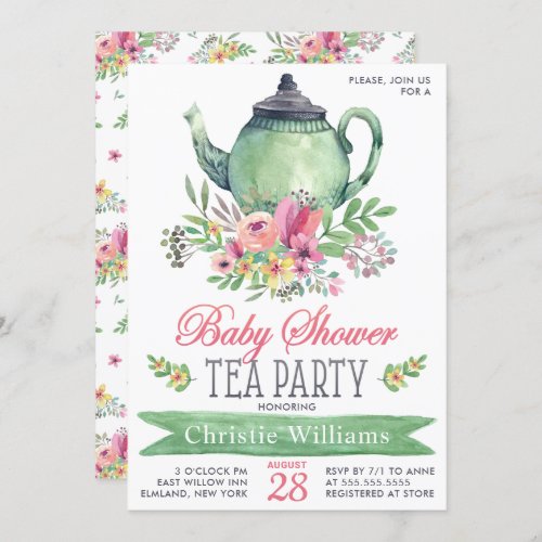 Baby Girl Baby Shower Tea Party Floral Watercolor Invitation