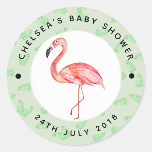 Baby Girl Baby Shower Tropical Watercolor Flamingo Classic Round Sticker