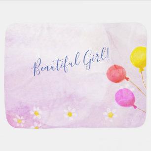 Baby Girl Balloon & Daisies Watercolor Baby Shower Baby Blanket