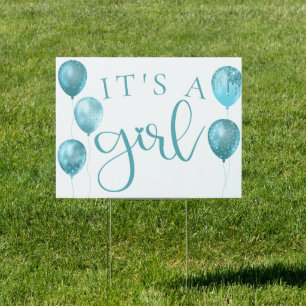 Baby Girl Balloons Turquoise It's a Girl Script Sign