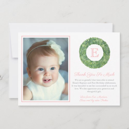 Baby Girl Baptism Birthday Chic Boxwood Monogram Thank You Card - Classic thank you card design with boxwood wreath and a co-ordinating pink and white gingham check pattern backer. You can change all text colors and the color of the photo frame by by entering the design tool ("click to customize further" underneath the text customization boxes).