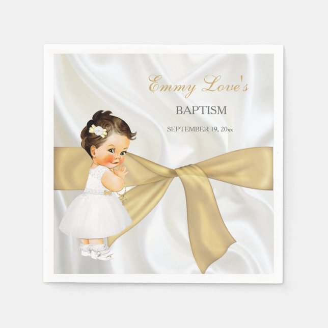 Baby Girl Baptism Christening Gold Bow Paper Napkins (Front)
