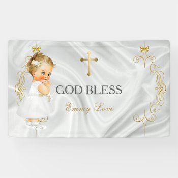 Baby Girl Baptism Christening Gold Cross Banner by HydrangeaBlue at Zazzle