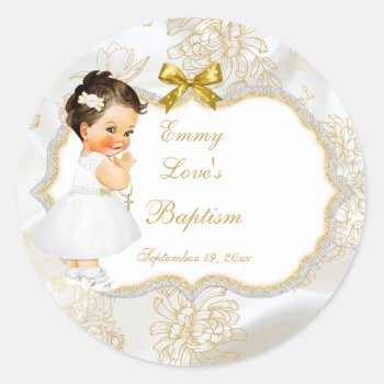 Baby Girl Baptism Christening Gold Cross Classic Round Sticker by HydrangeaBlue at Zazzle