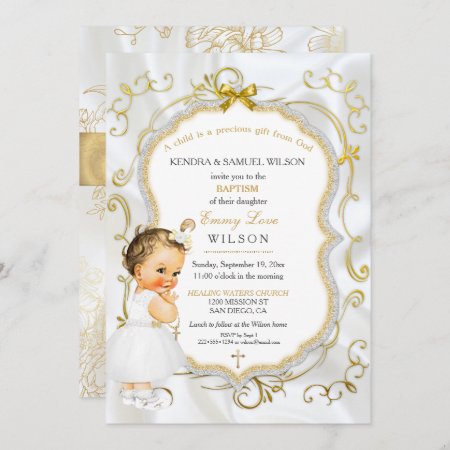Baby Girl Baptism Christening Gold Cross Glitter Invitation