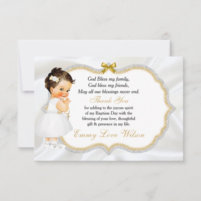Baby Girl Baptism Christening Gold Cross Thank You Card (Front)