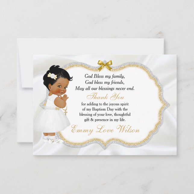 Baby Girl Baptism Christening Gold Cross Thank You Card (Front)