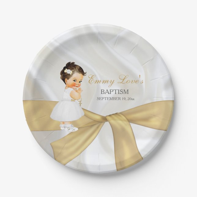 Baby Girl Baptism Christening Gold White Paper Plates (Front)