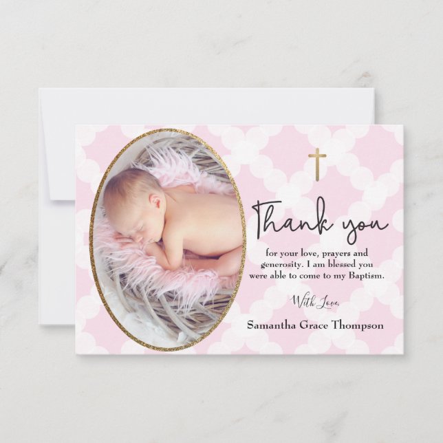 Baby Girl Baptism Christening Pink White Thank You Card (Front)