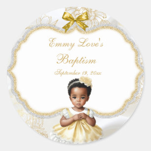 Baby Girl Baptism Christening White & Gold Classic Round Sticker