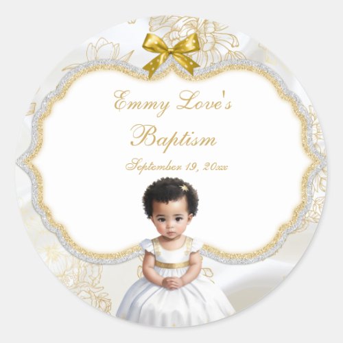 Baby Girl Baptism Christening White  Gold Classic Round Sticker