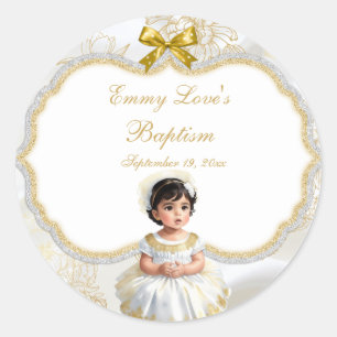 Baby Girl Baptism Christening White & Gold Classic Round Sticker
