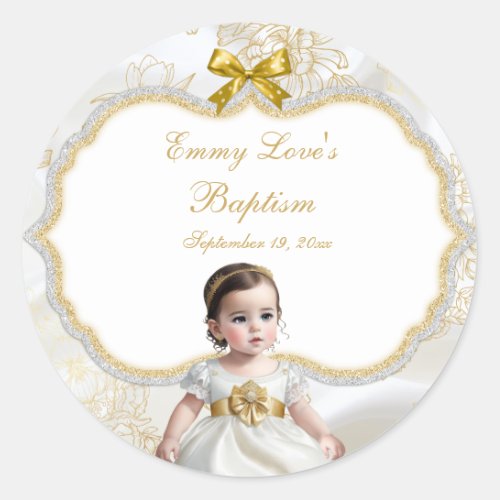 Baby Girl Baptism Christening White  Gold Classic Round Sticker