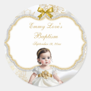 Baby Girl Baptism Christening White & Gold Classic Round Sticker