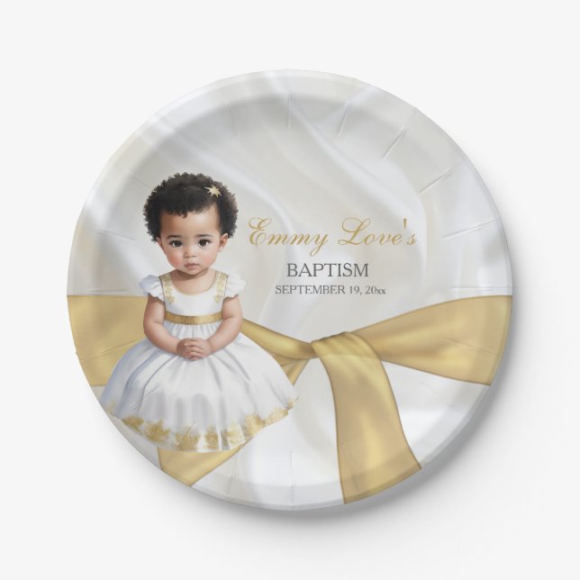 Baby Girl Baptism Christening White & Gold Paper Plates (Front)