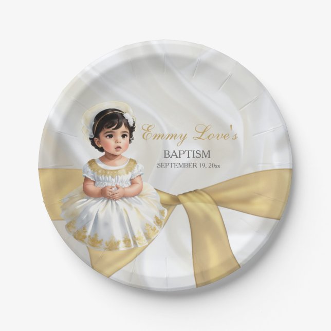 Baby Girl Baptism Christening White & Gold Paper Plates (Front)