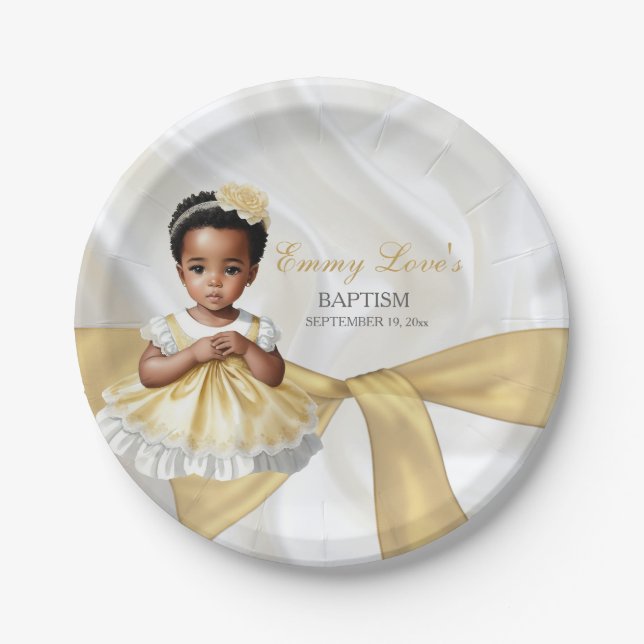 Baby Girl Baptism Christening White & Gold Paper Plates (Front)