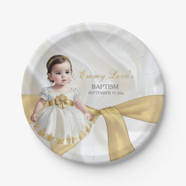 Baby Girl Baptism Christening White & Gold Paper Plates (Front)