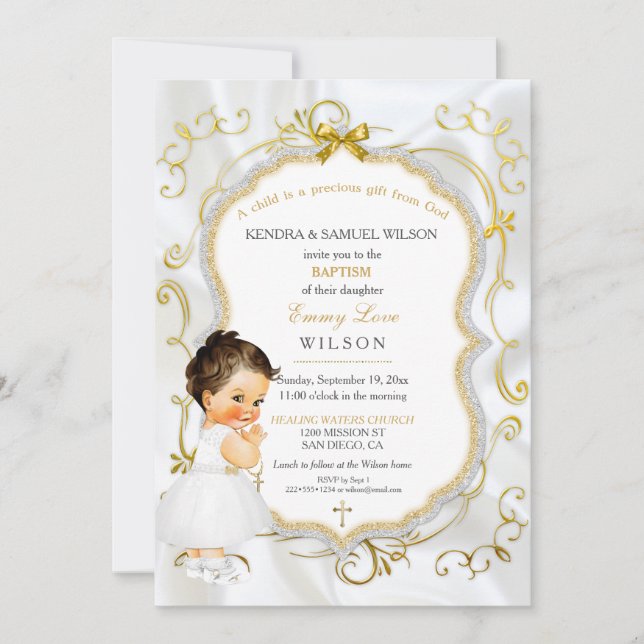 Baby Girl Baptism Communion Gold Cross Invitation (Front)