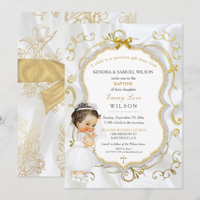 Baby Girl Baptism Communion Gold Cross Invitation (Front/Back)