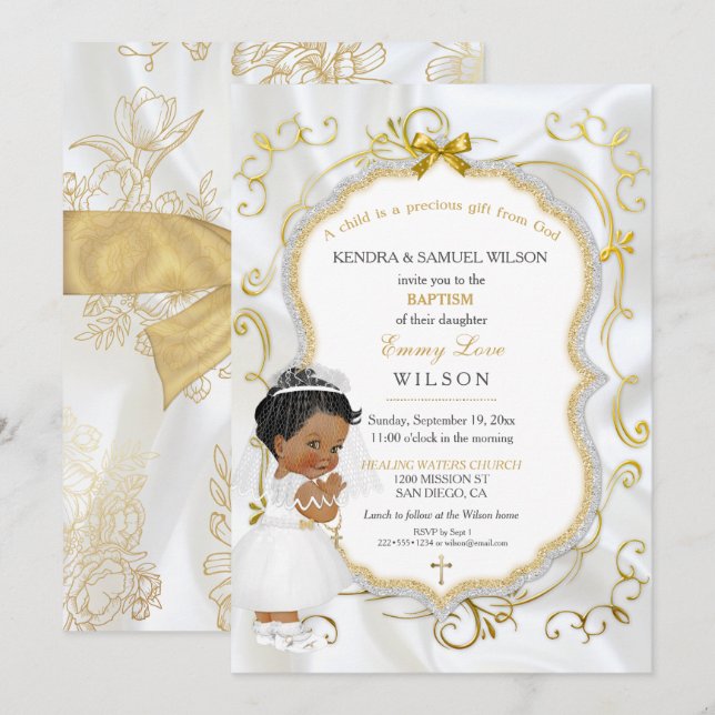 Baby Girl Baptism Communion Gold Cross Invitation (Front/Back)
