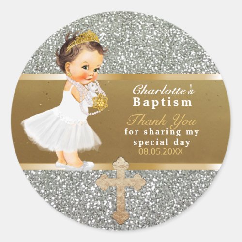 Baby Girl Baptism Favor  Thank You Gold Silver Classic Round Sticker