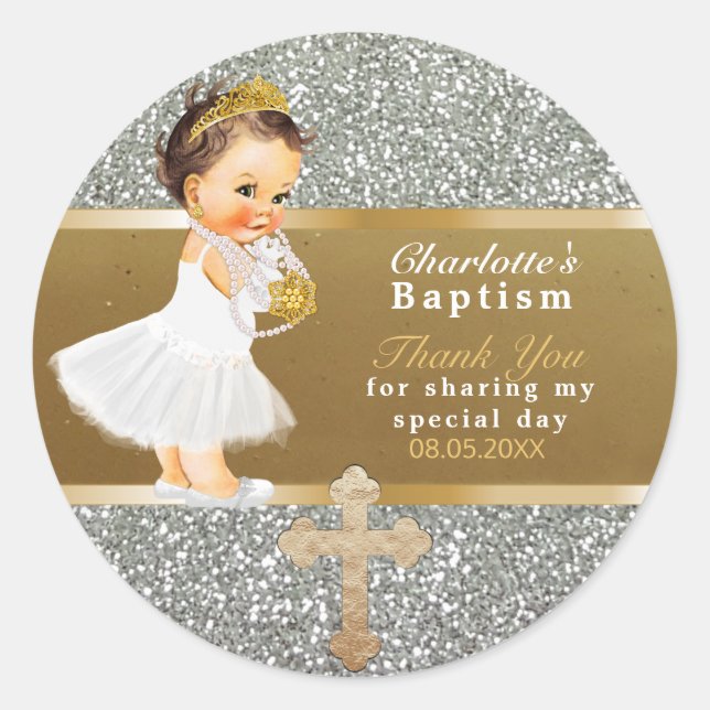 Baby Girl Baptism Favor | Thank You Gold Silver Classic Round Sticker (Front)