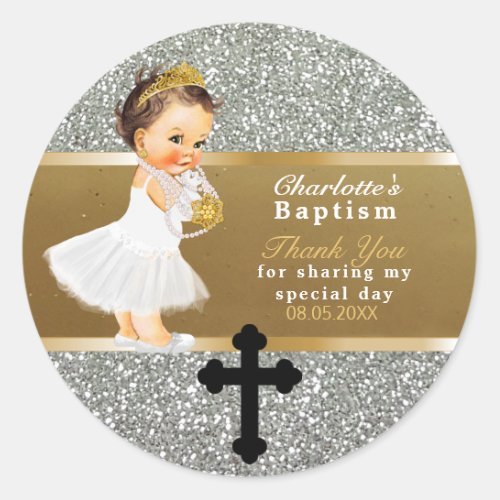Baby Girl Baptism Favor  Thank You Gold Silver Classic Round Sticker