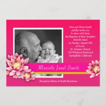 Baby Girl Baptism Fuschia Pink Lotus Bloom Invitation by thepapershoppe at Zazzle