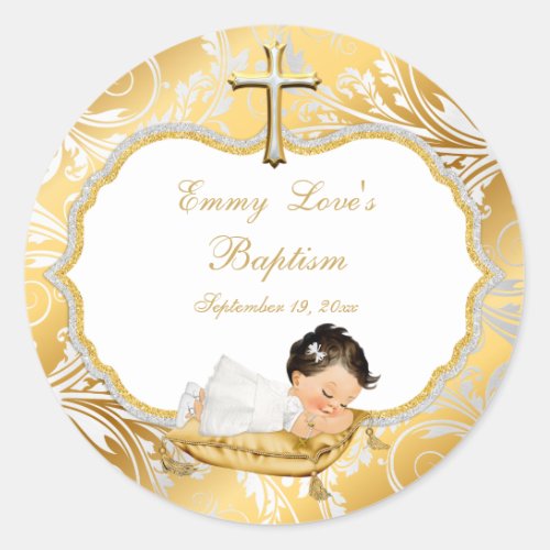 Baby Girl Baptism Gold Cross Classic Round Sticker