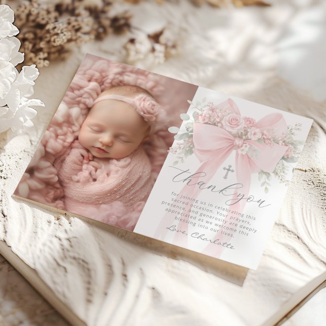 Baby Girl Baptism Photo Floral Bow Thank you Card (Creator Uploaded)