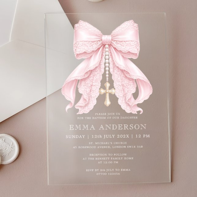 Baby Girl Baptism Pink Bow Acrylic Invitations (Creator Uploaded)