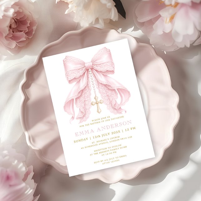 Baby Girl Baptism Pink Bow Invitation (Creator Uploaded)