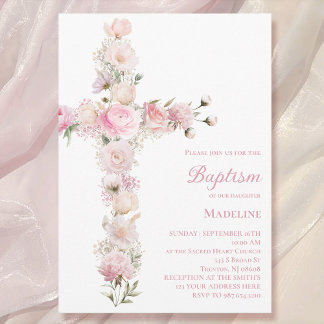 baby girl Baptism pink floral cross Invitation