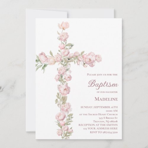 baby girl Baptism pink peonies floral cross  Invitation