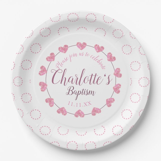 Baby girl baptism pink & white flower plate (Front)