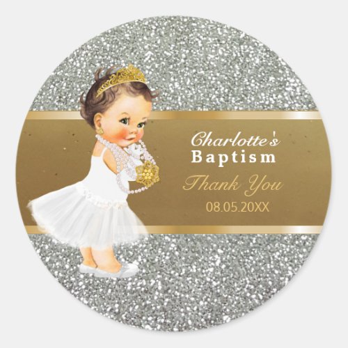 Baby Girl Baptism Thank You  Favor  Gold Silver Classic Round Sticker