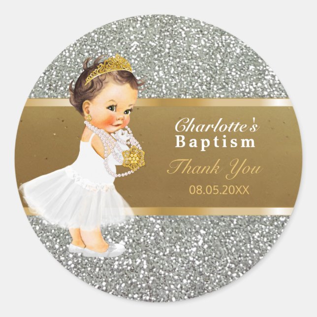 Baby Girl Baptism Thank You  Favor | Gold Silver Classic Round Sticker (Front)