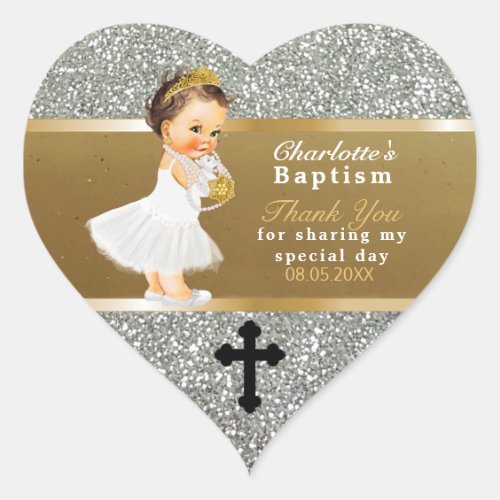 Baby Girl Baptism Thank You  Favor  Gold Silver Heart Sticker