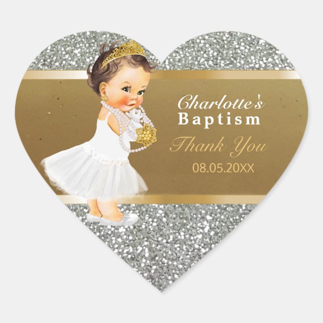 Baby Girl Baptism Thank You  Favor | Gold Silver Heart Sticker (Front)