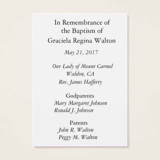 Baby Girl Baptismal Remembrance Holy Card (Back)