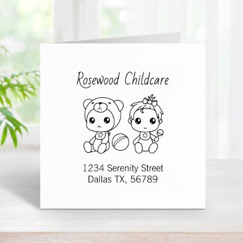 Baby Girl Bear Daycare Childcare Address 3 Rubber Stamp by Chibibi at Zazzle