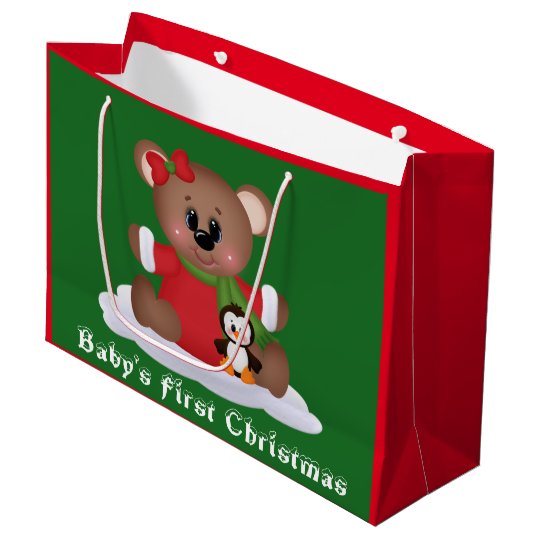 Baby girl bear First Christmas large gift bag | Zazzle