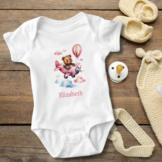 Baby Girl Bear Flying Airplane Baby Gift Bodysuit (Girl Bear flying an Airplane personalized baby girl body suit. Baby shower gift. New baby girl gift)