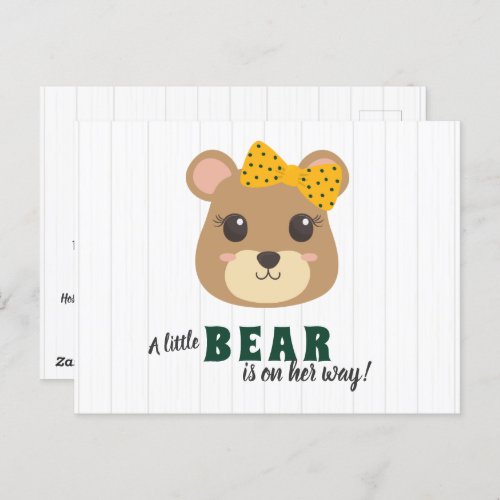 Baby Girl Bear Green & Gold Baby Shower Invitation Postcard
